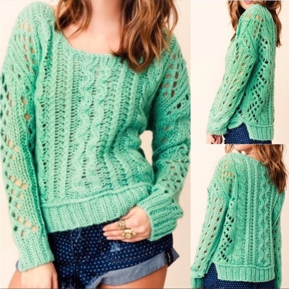 Free People Mint Green Chunky Open Cable Knit Sweater - Picture 1 of 8
